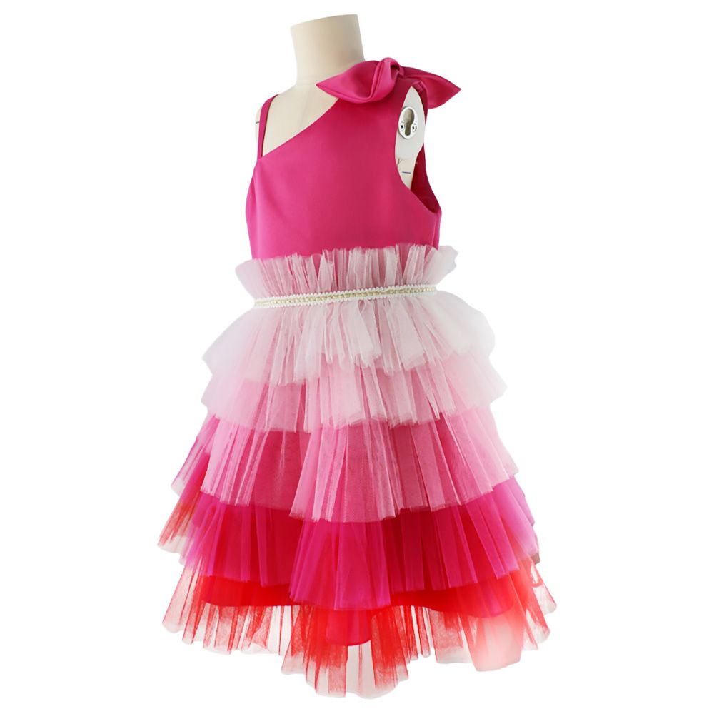 Ddaniela - Girls Bow Front Side Layered Dress - Dark Pink