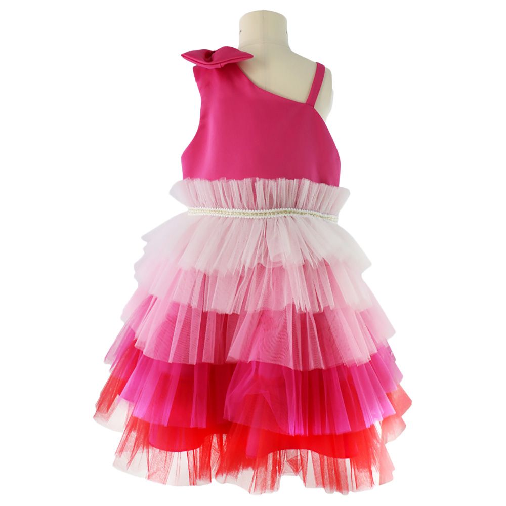 Ddaniela - Girls Bow Front Side Layered Dress - Dark Pink