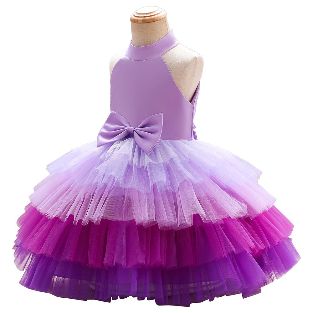 Ddaniela - Brisget Girls Bow Front Side Layered Dress - Purple