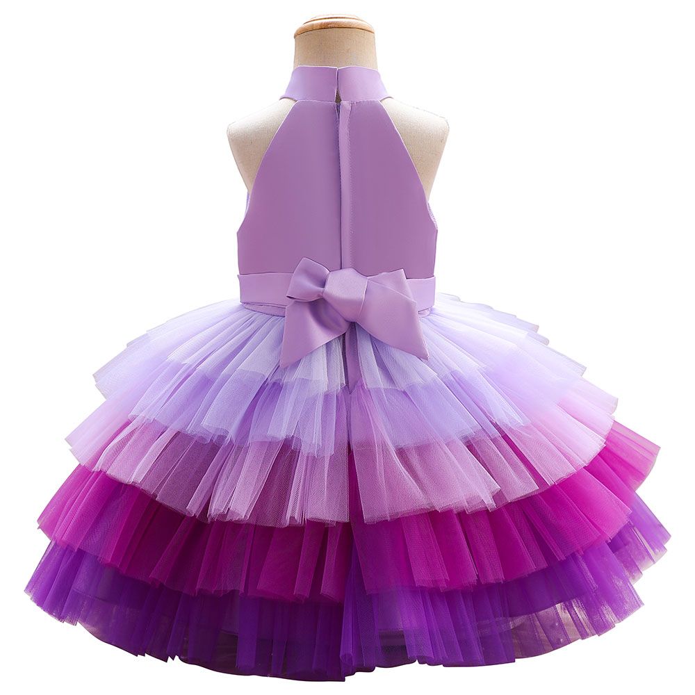 Ddaniela - Brisget Girls Bow Front Side Layered Dress - Purple