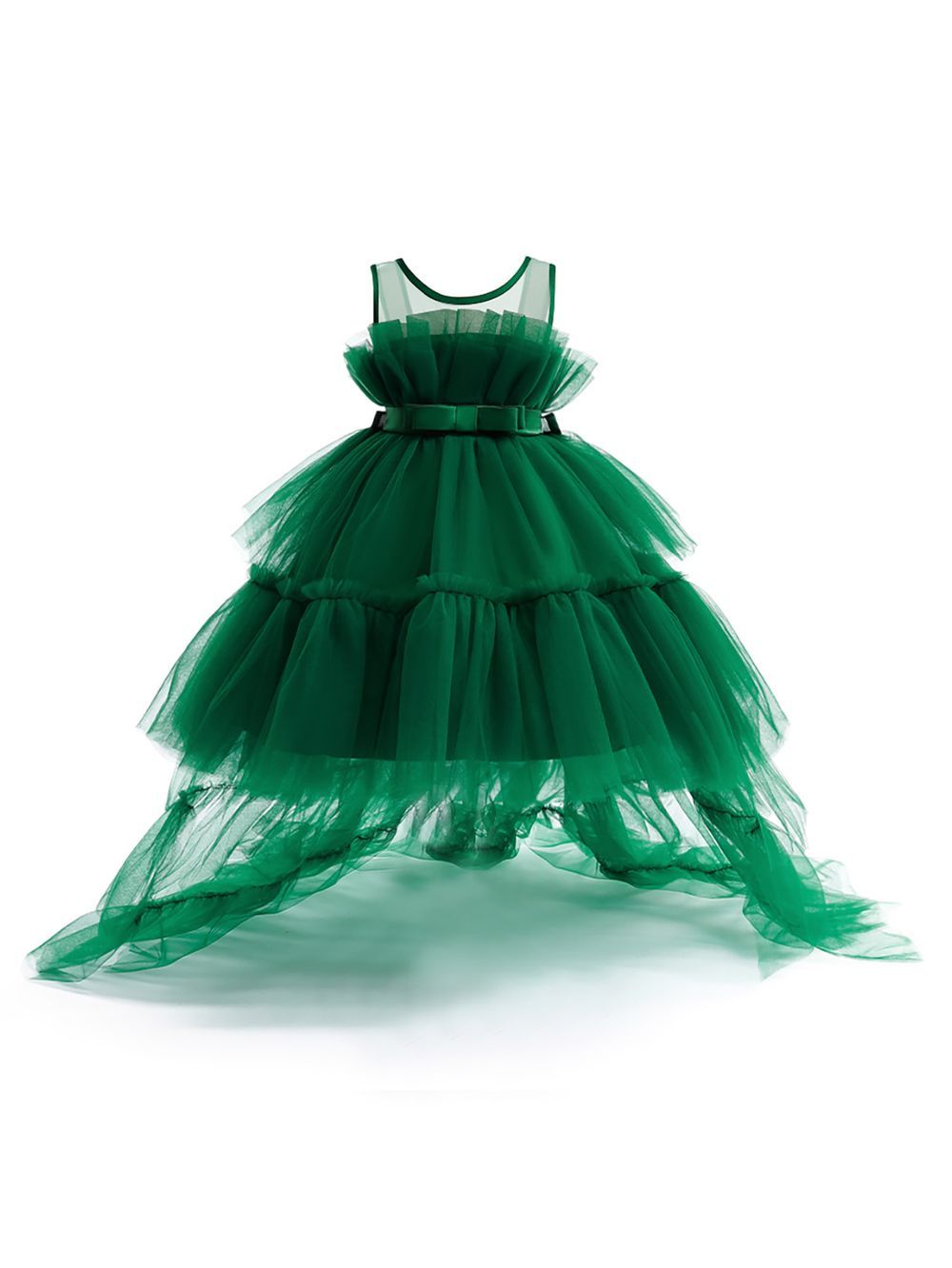 D' Daniela - Toddler Girls - Bow Front Ruffle Hem Mesh Gown Green W/ Long Tail