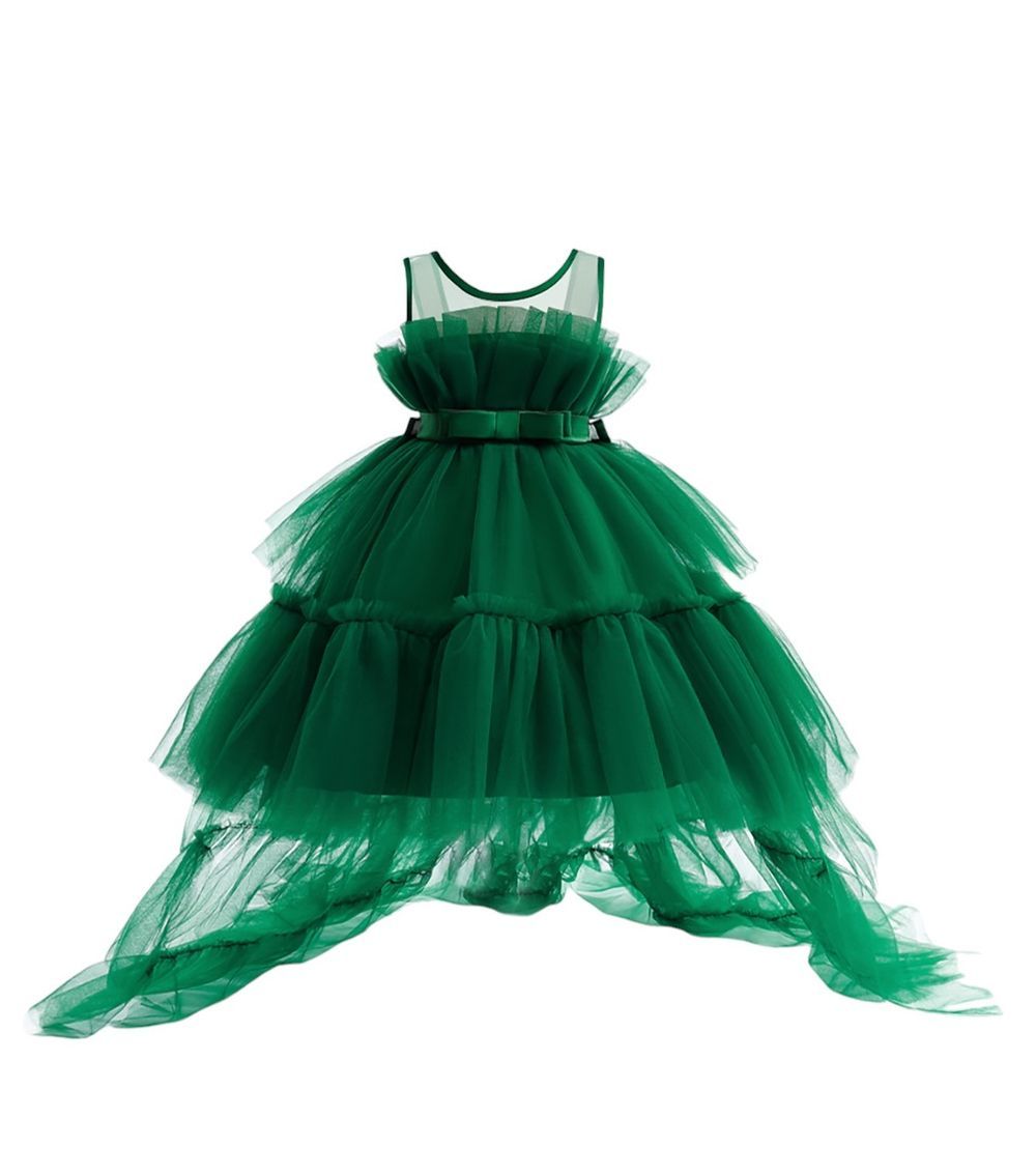 D' Daniela - Toddler Girls - Bow Front Ruffle Hem Mesh Gown Green W/ Long Tail