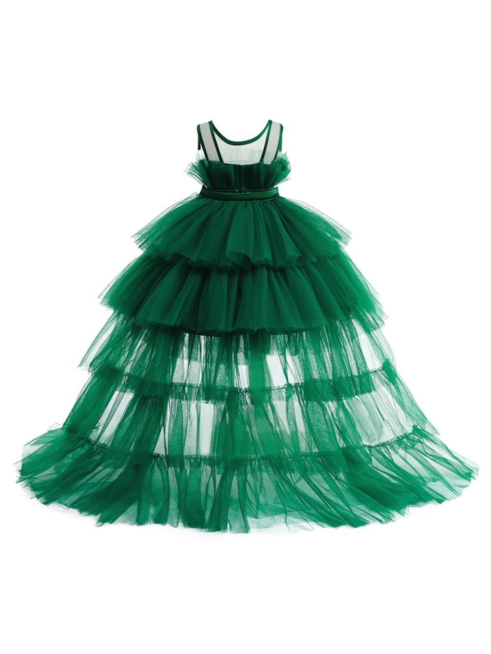 D' Daniela - Toddler Girls - Bow Front Ruffle Hem Mesh Gown Green W/ Long Tail