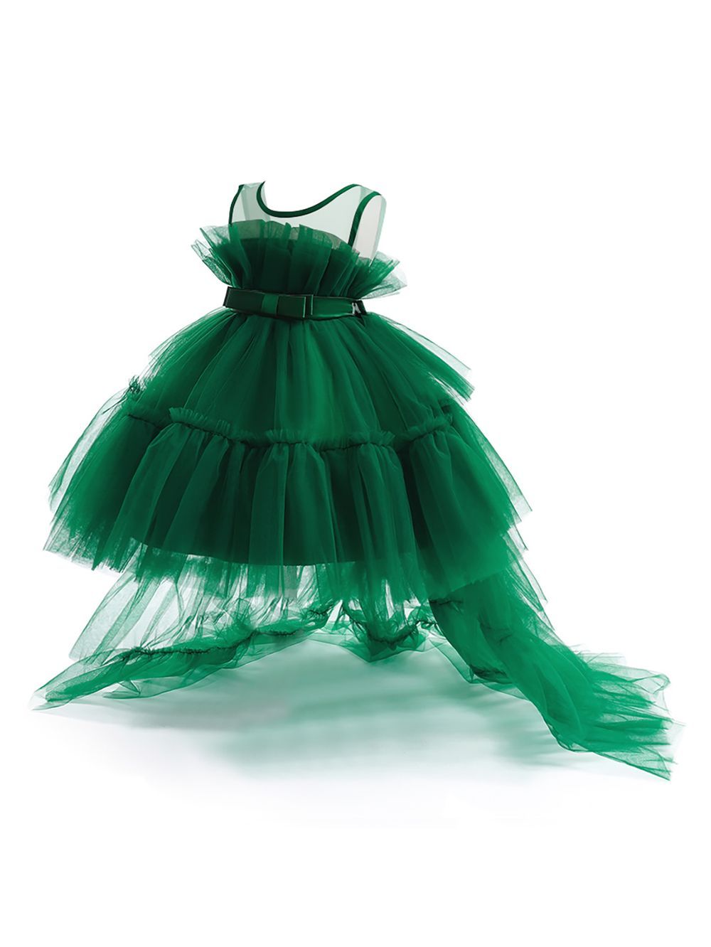 D' Daniela - Toddler Girls - Bow Front Ruffle Hem Mesh Gown Green W/ Long Tail