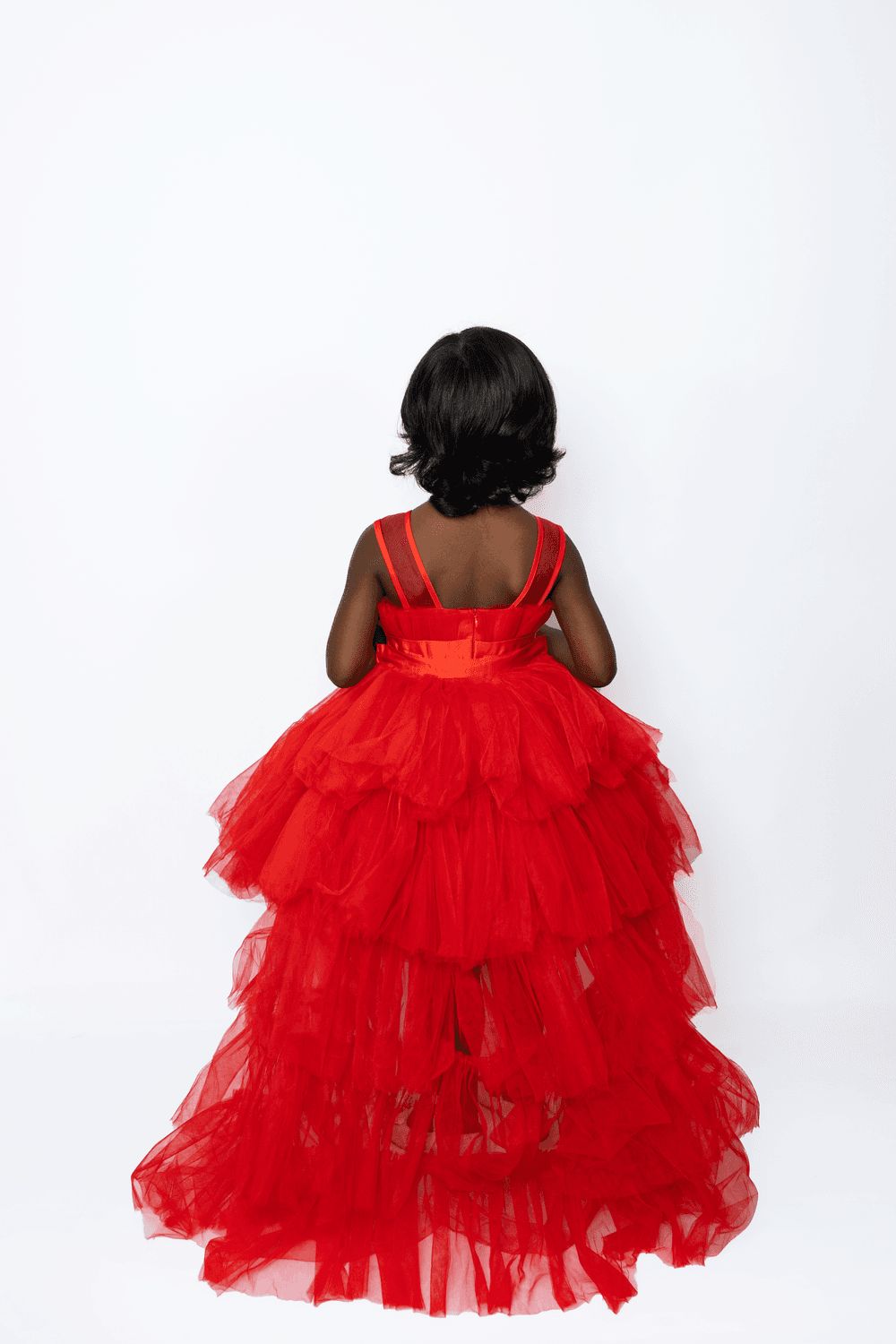 D' Daniela - Girl's Bow Front Ruffle Hem Mesh Gown Dress With Long Tail - Red