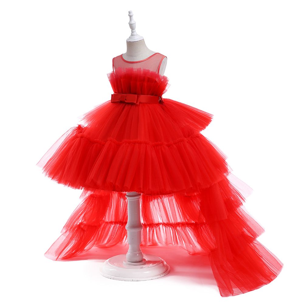 D' Daniela - Girl's Bow Front Ruffle Hem Mesh Gown Dress With Long Tail - Red