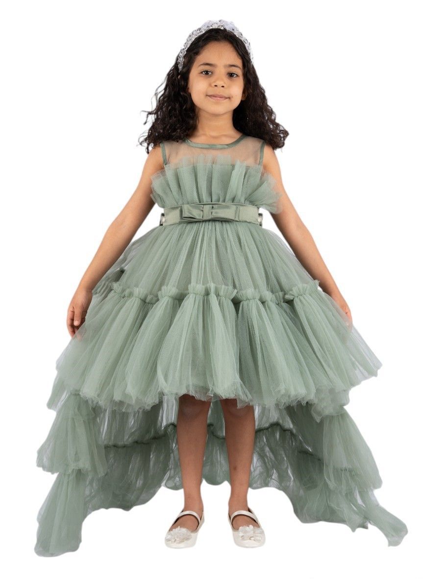 D' Daniela - Girls Bow Ruffle Hem Mesh Gown - Olive Green