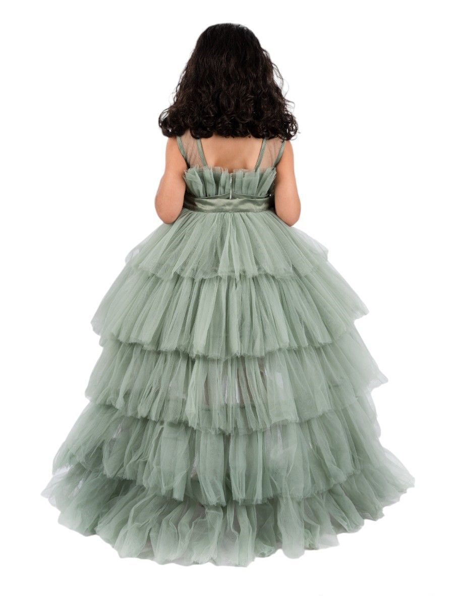 D' Daniela - Girls Bow Ruffle Hem Mesh Gown - Olive Green