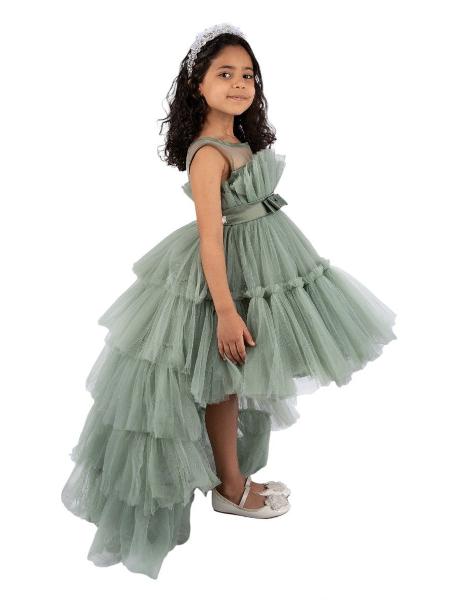 D' Daniela - Girls Bow Ruffle Hem Mesh Gown - Olive Green