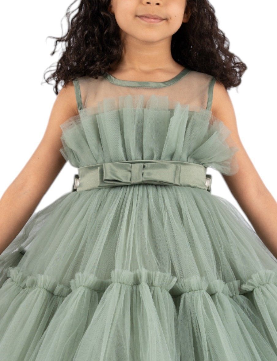 D' Daniela - Girls Bow Ruffle Hem Mesh Gown - Olive Green