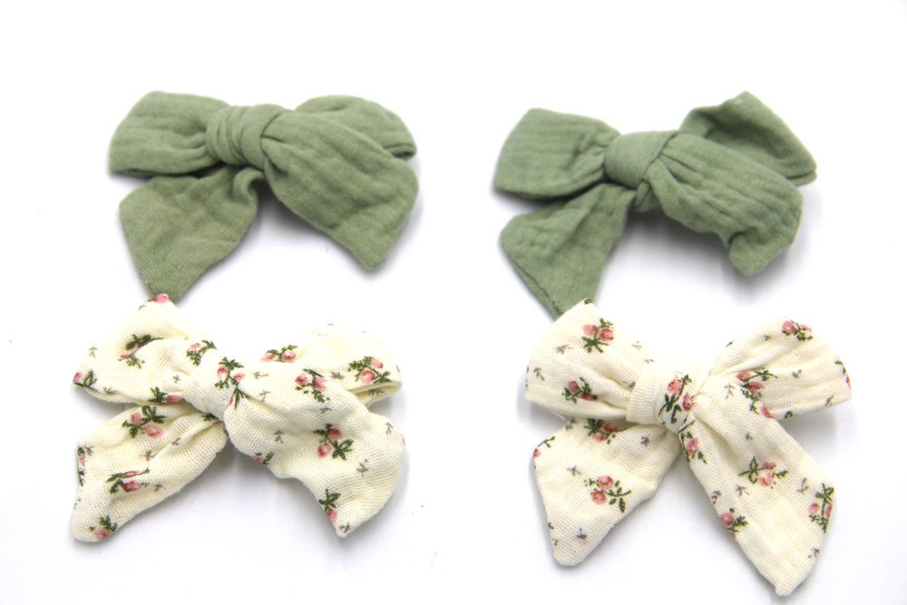 D' Daniela - Adella Ribbon Bow Clip Set For Babies & Girls - Olive Green & Off White