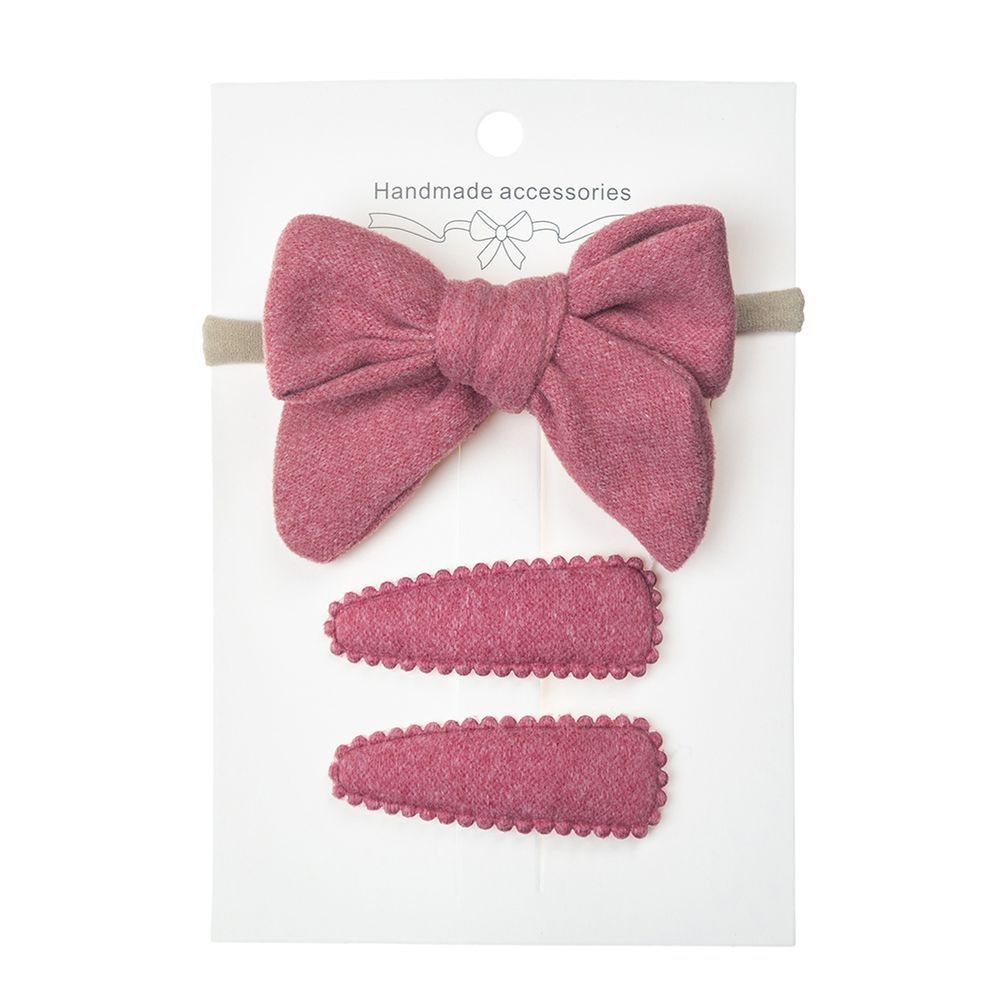 D' Daniela - Sara Ribbon Bow Clip Set W/ Ponytail For Babies & Girls - Dark Pink