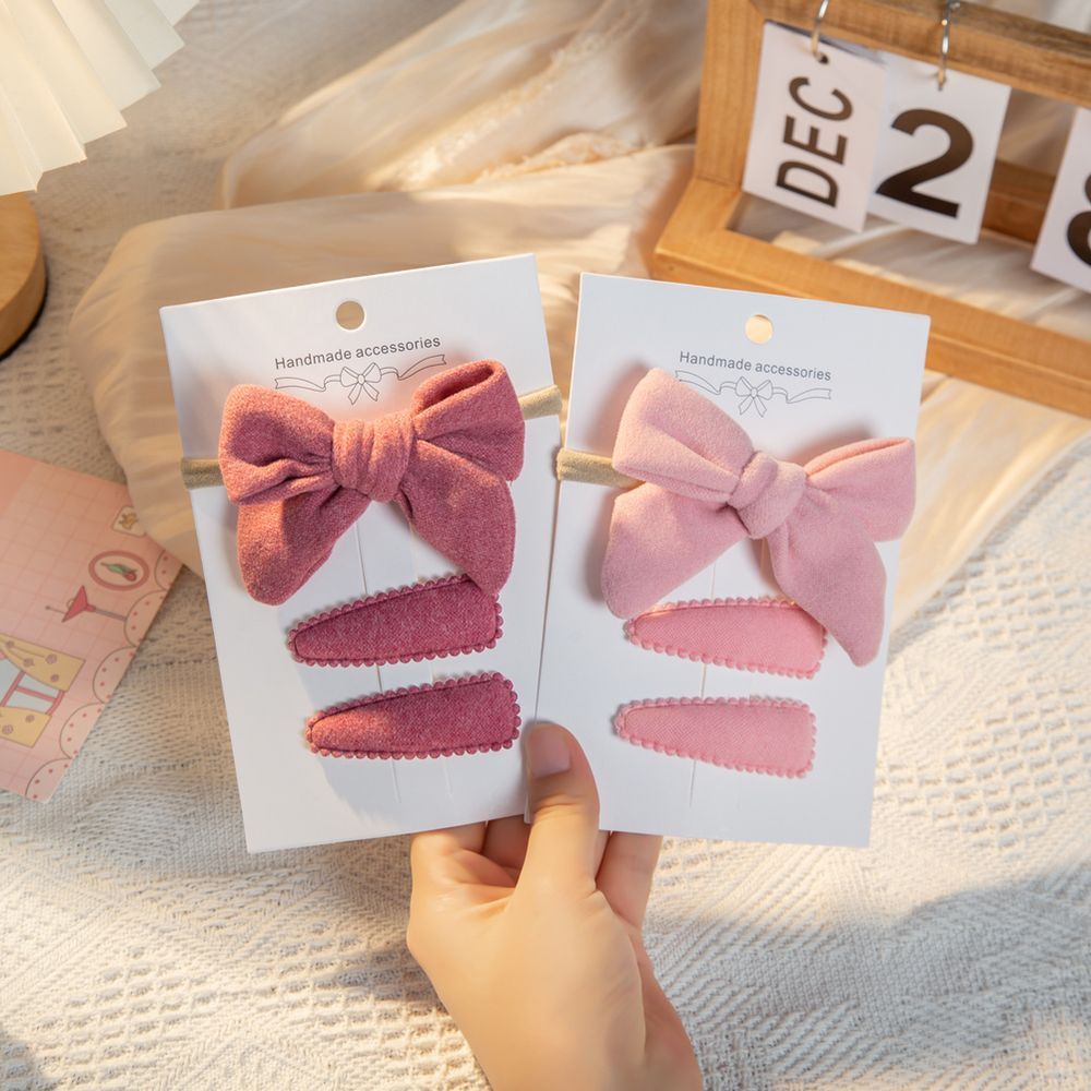 D' Daniela - Sara Ribbon Bow Clip Set W/ Ponytail For Babies & Girls - Dark Pink