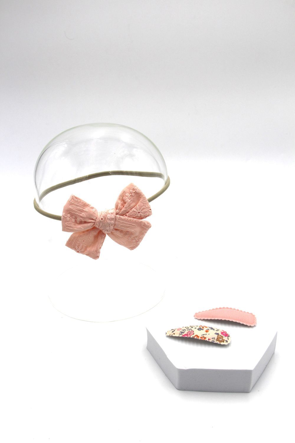 D' Daniela - Jana Ribbon Bow Clip Set W/ Ponytail For Babies & Girls - Coral Pink