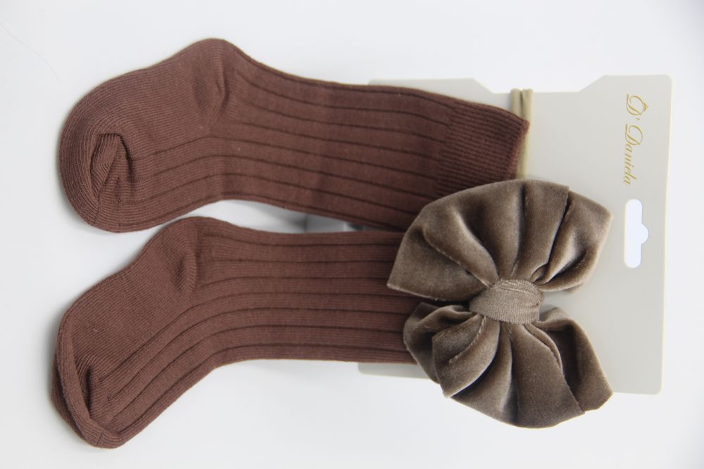 D' Daniela - Mikha Socks & Ribbon Bow Set For Babies & Girls - Dark Brown