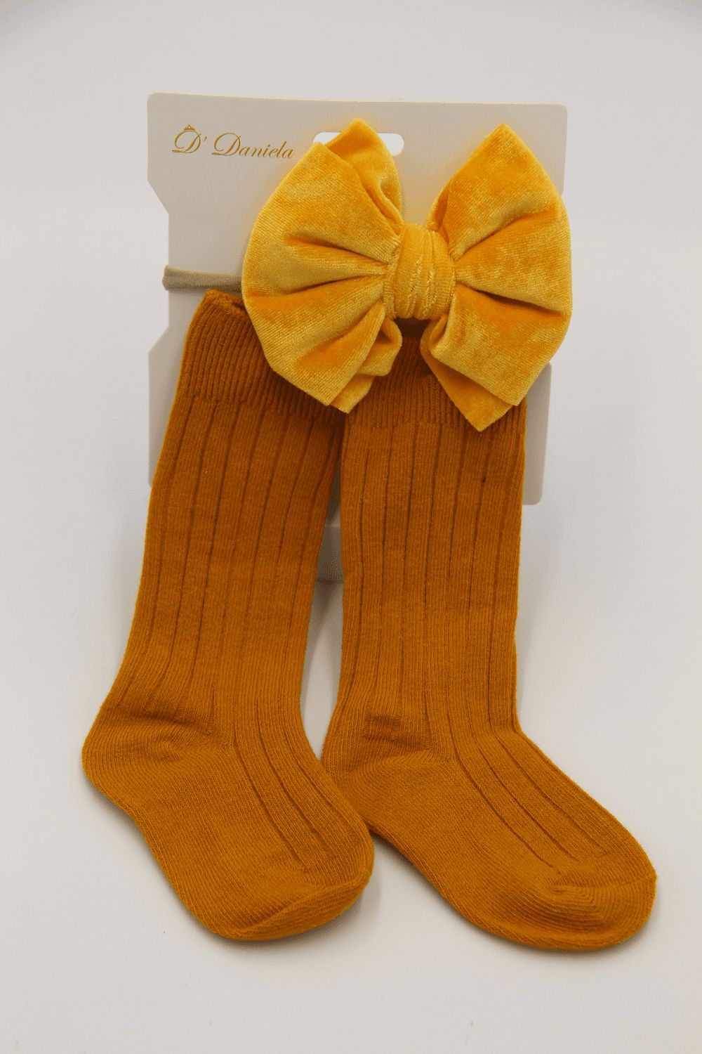 D' Daniela - Mikha Socks & Ribbon Bow Set For Babies & Girls - Mustard Yellow