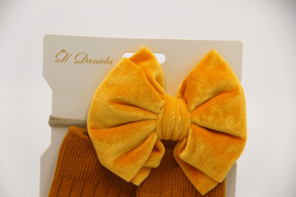 D' Daniela - Mikha Socks & Ribbon Bow Set For Babies & Girls - Mustard Yellow