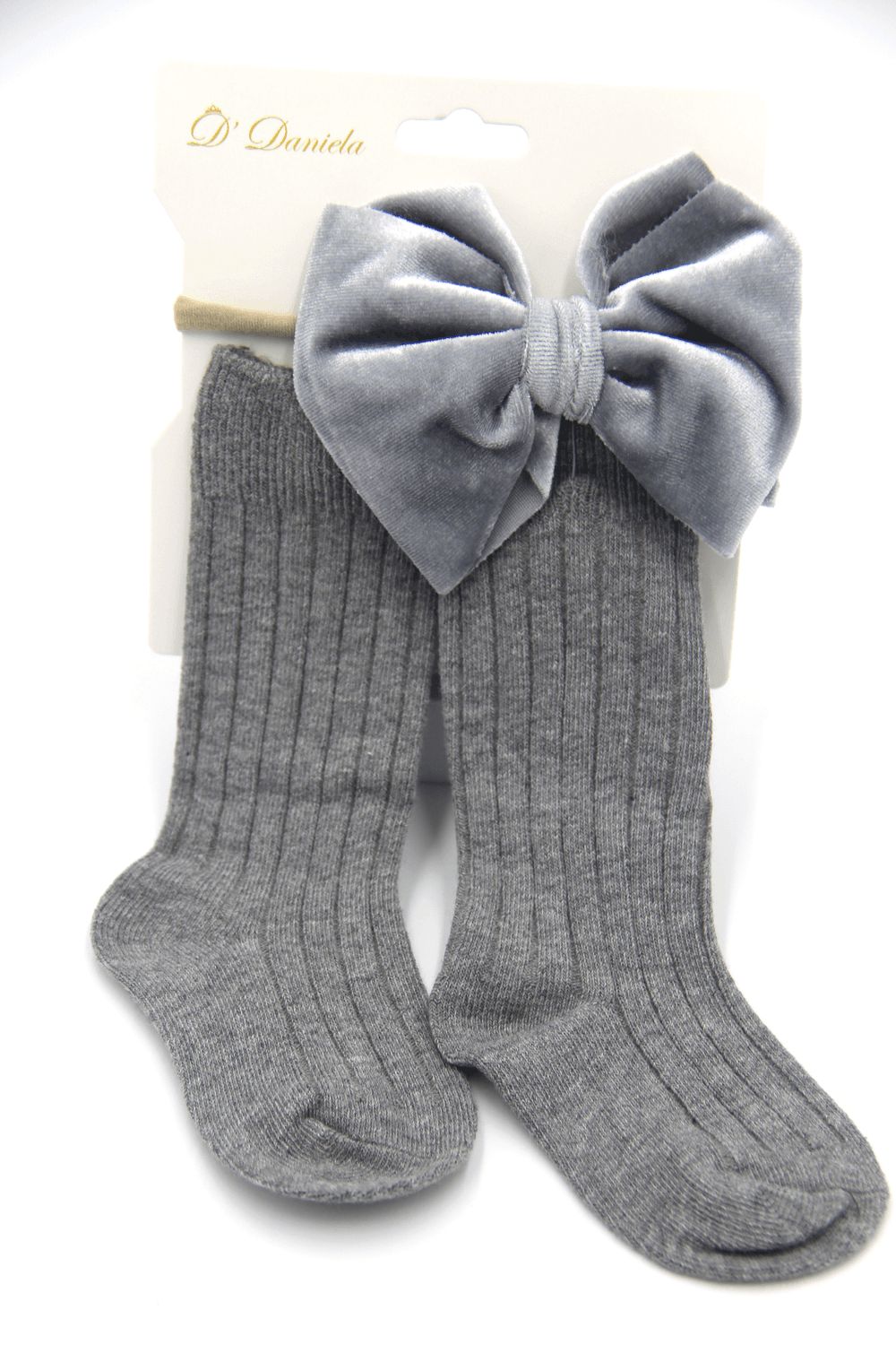 D' Daniela - Mikha Socks & Ribbon Bow Set For Babies & Girls - Grey