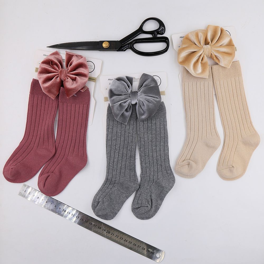 D' Daniela - Mikha Socks & Ribbon Bow Set For Babies & Girls - Grey