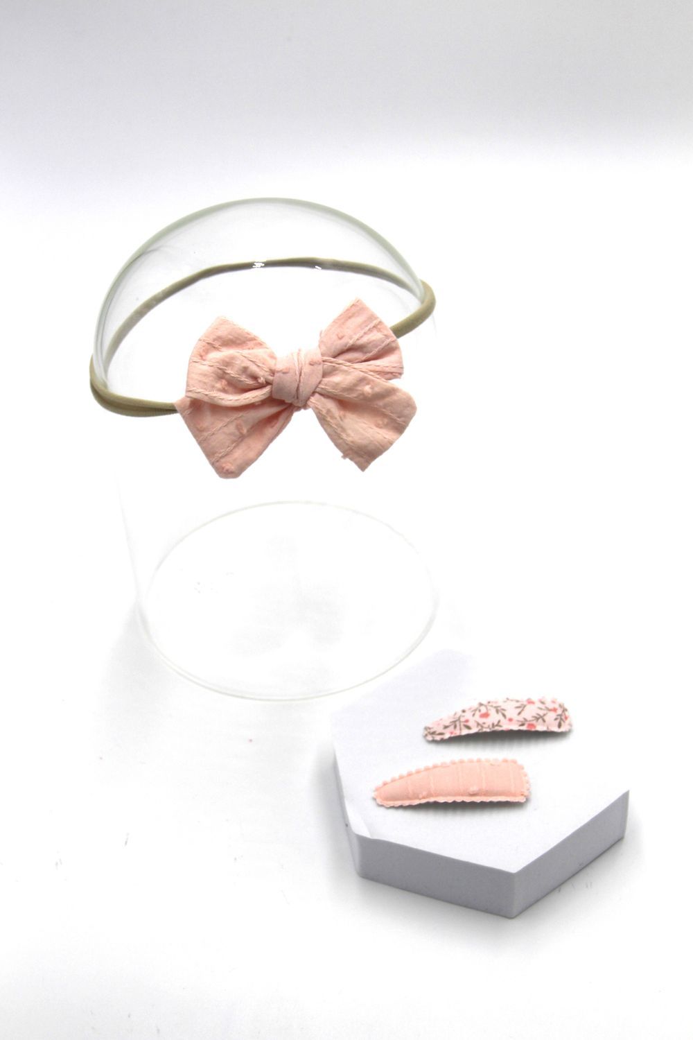 D' Daniela - Jana Ribbon Bow Clip Set W/ Ponytail For Babies & Girls - Baby Pink