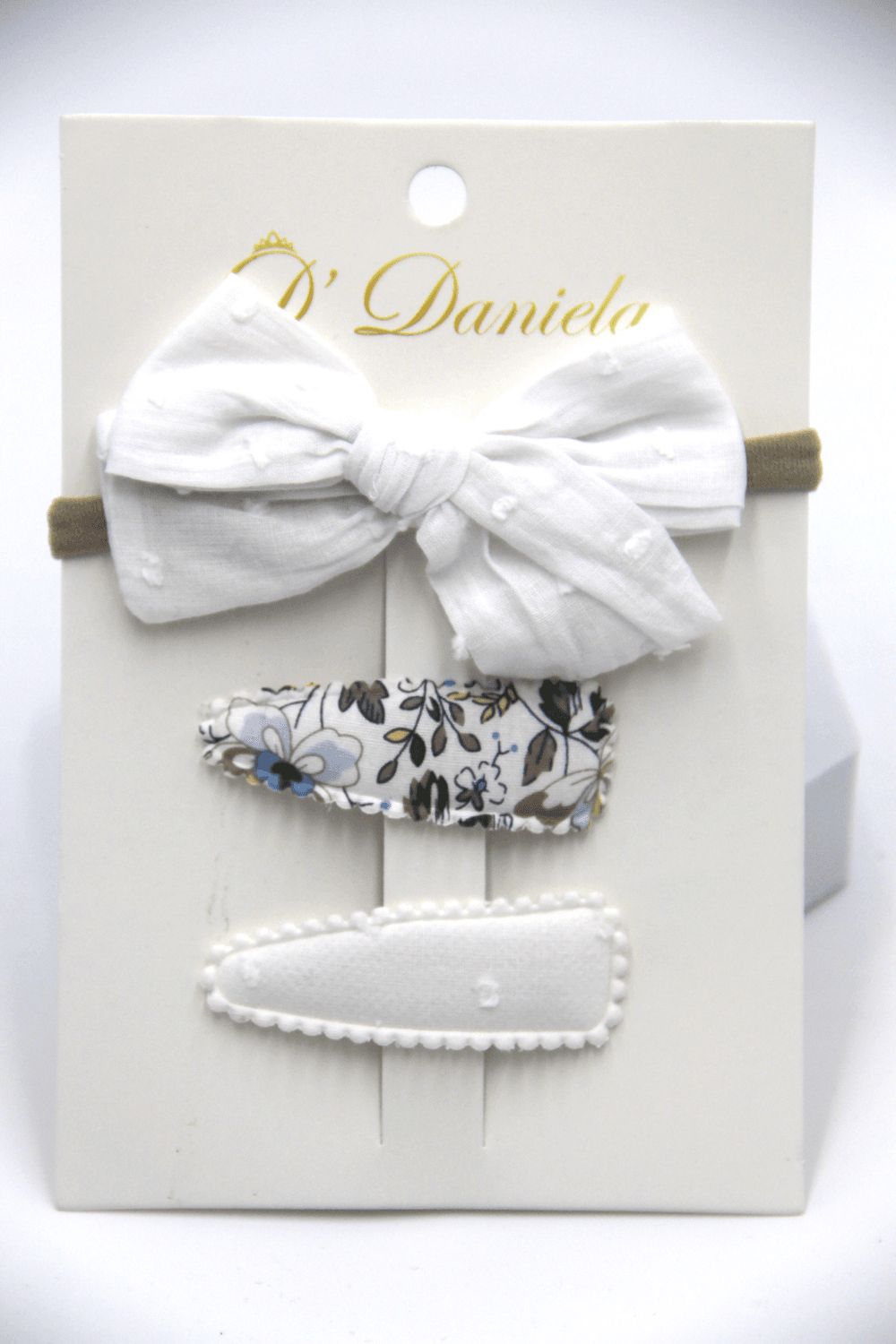 D' Daniela - Aira Ribbon Bow Clip Set W/ Ponytail For Babies & Girls - White