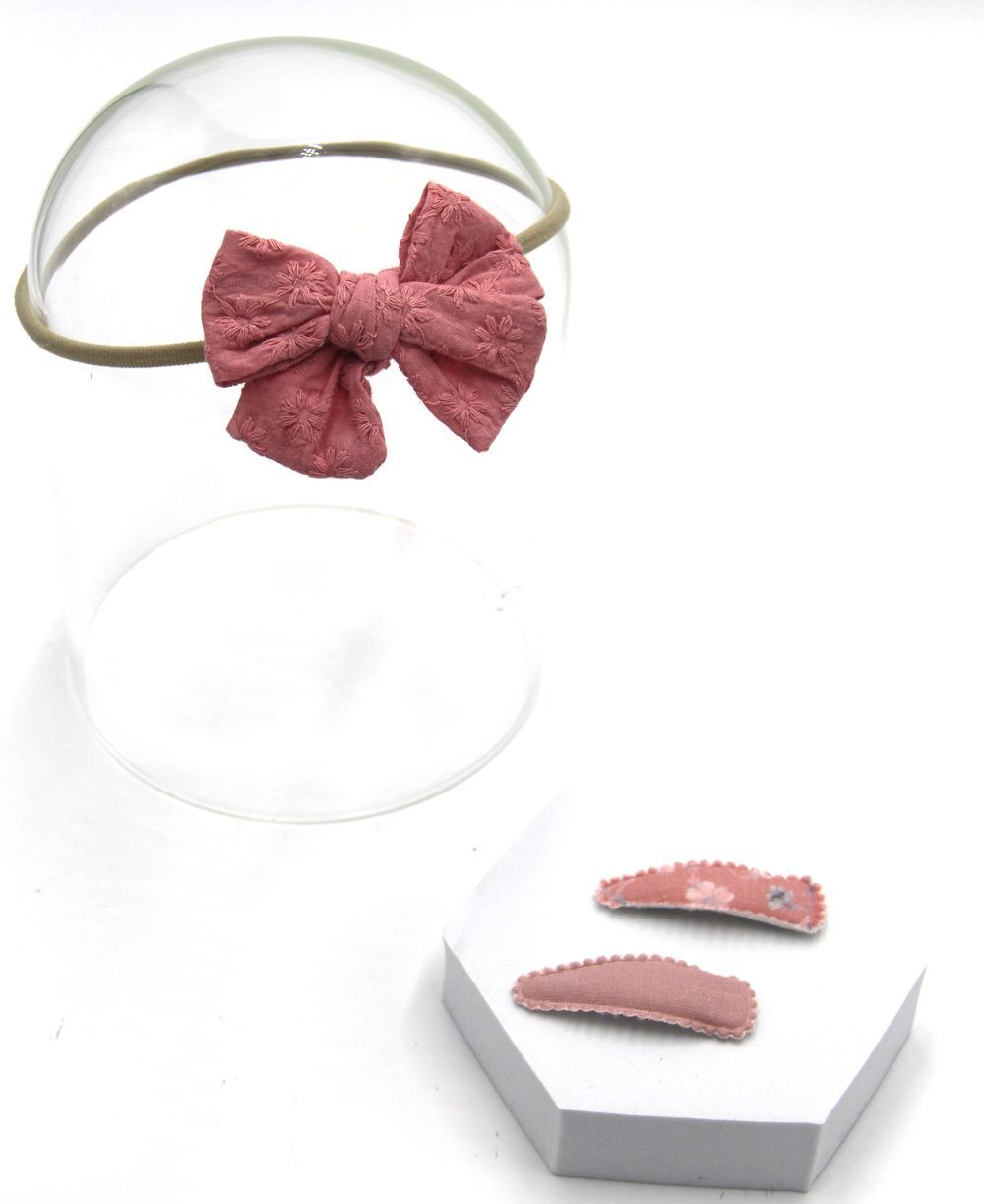 D' Daniela - Aira Ribbon Bow Clip Set W/ Ponytail For Babies & Girls - Dark Pink