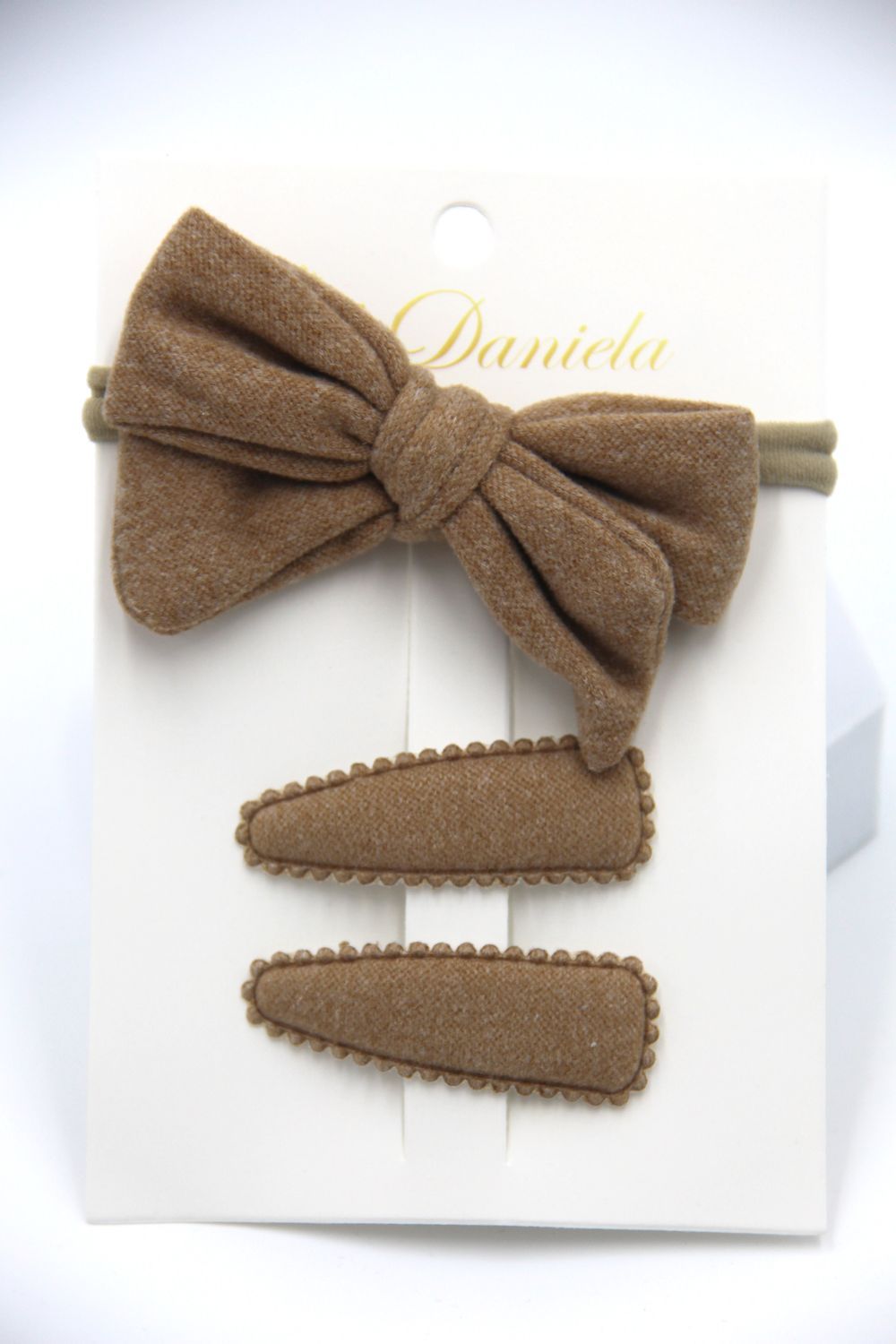 D' Daniela - Sara Ribbon Bow Clip Set W/ Ponytail For Babies & Girls - Brown