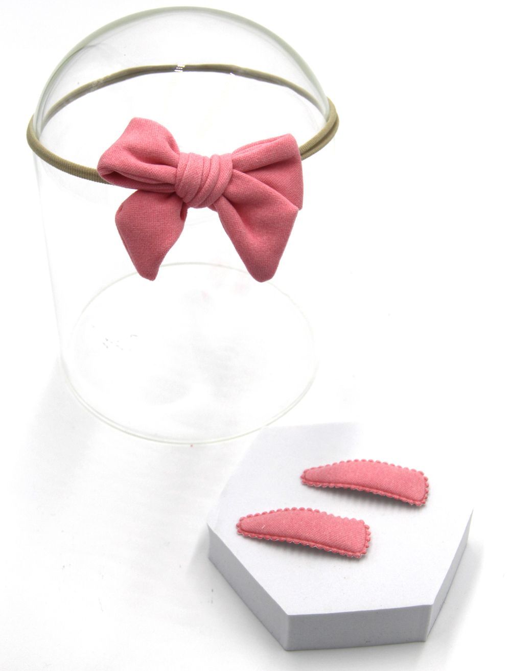 D' Daniela - Sara Ribbon Bow Clip Set W/ Ponytail For Babies & Girls - Baby Pink