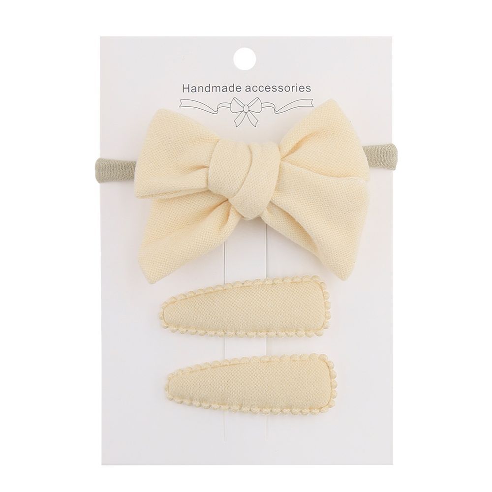 D' Daniela - Sara Ribbon Bow Clip Set W/ Ponytail For Babies & Girls - Cream