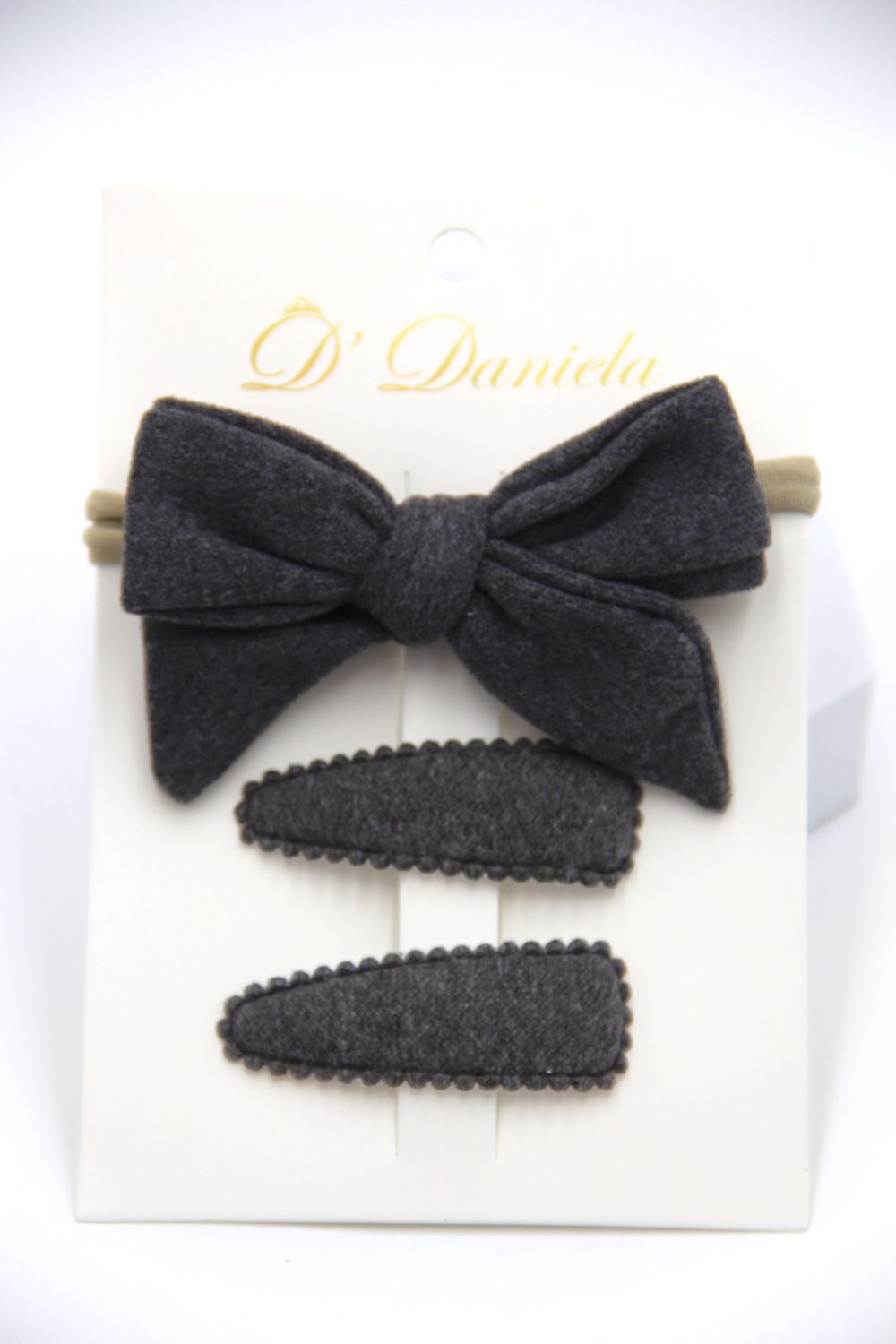 D' Daniela - Sara Ribbon Bow Clip Set W/ Ponytail For Babies & Girls - Dark Grey