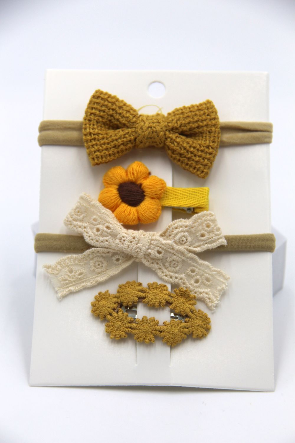 D' Daniela - Ria Ribbon Bow Clip Set With Ponytail - 4pcs - Yellow/White