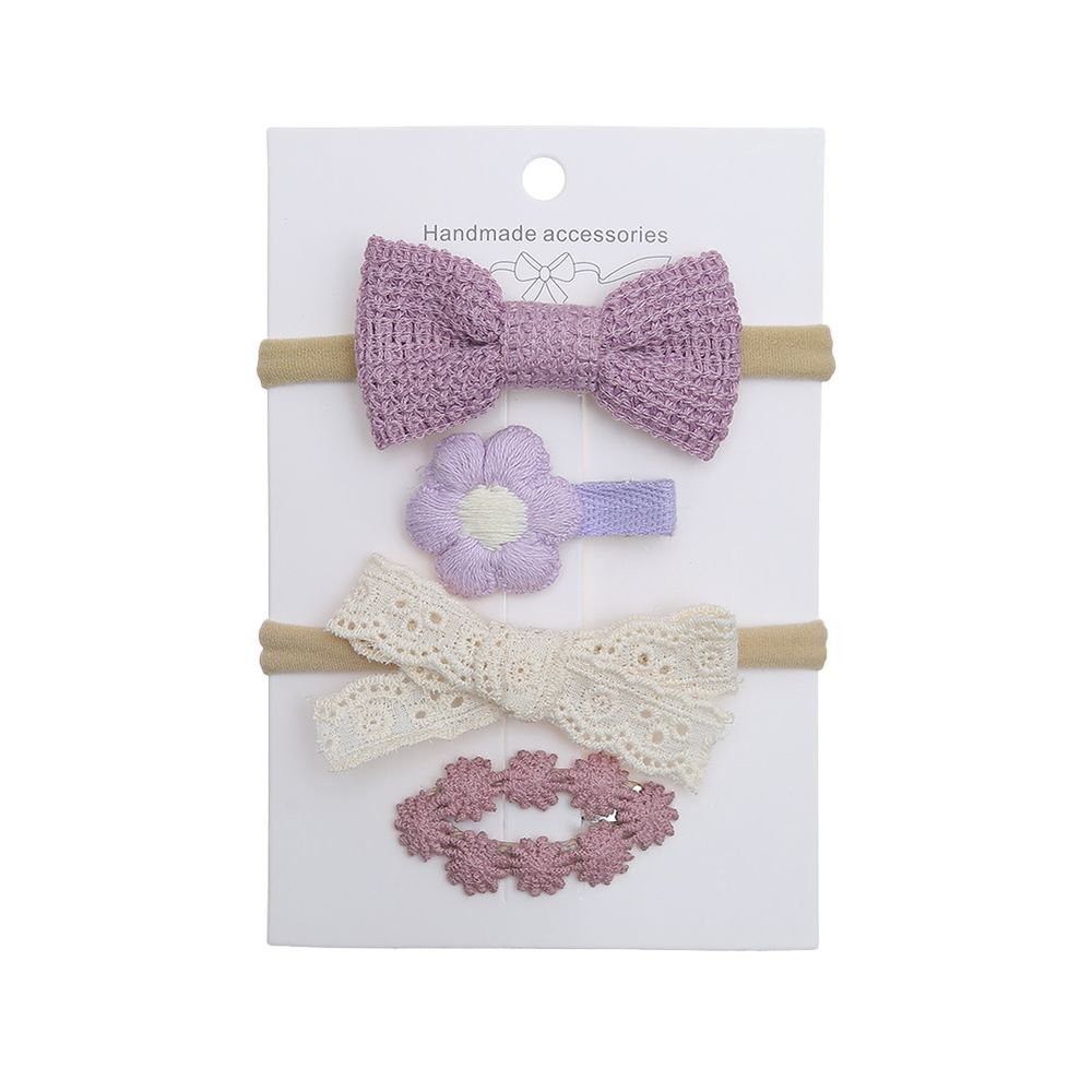 D' Daniela - Ria Ribbon Bow Clip Set With Ponytail - 4pcs - Purple/White