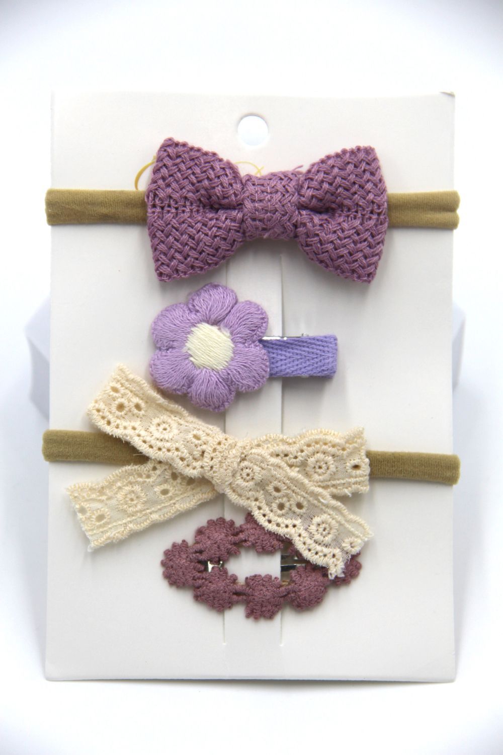 D' Daniela - Ria Ribbon Bow Clip Set With Ponytail - 4pcs - Purple/White