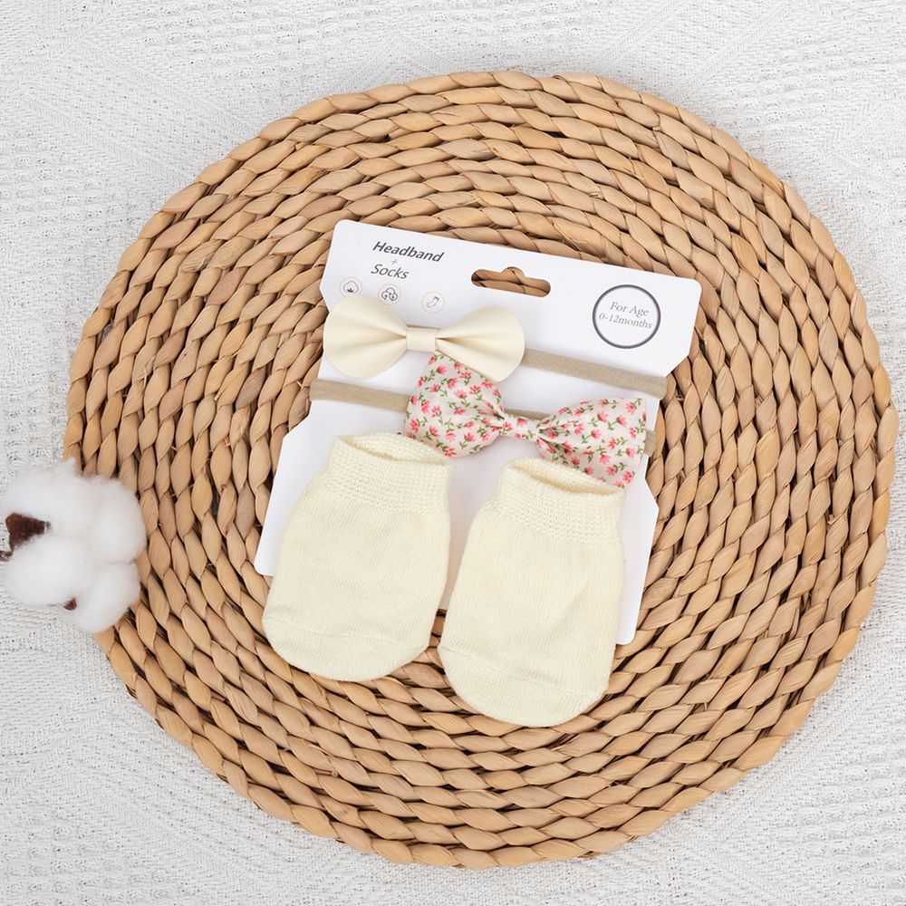 D' Daniela - Savannah Ribbon Bow Headband And Socks Set - Cream