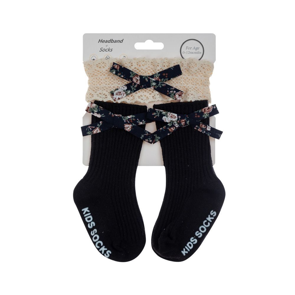 D' Daniela - Victoria Ribbon Bow Turban And Socks Set - Black