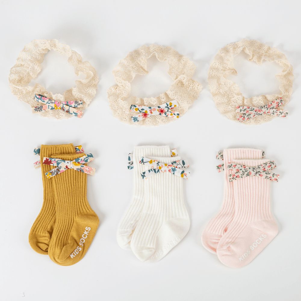 D' Daniela - Victoria Ribbon Bow Turban And Socks Set - White