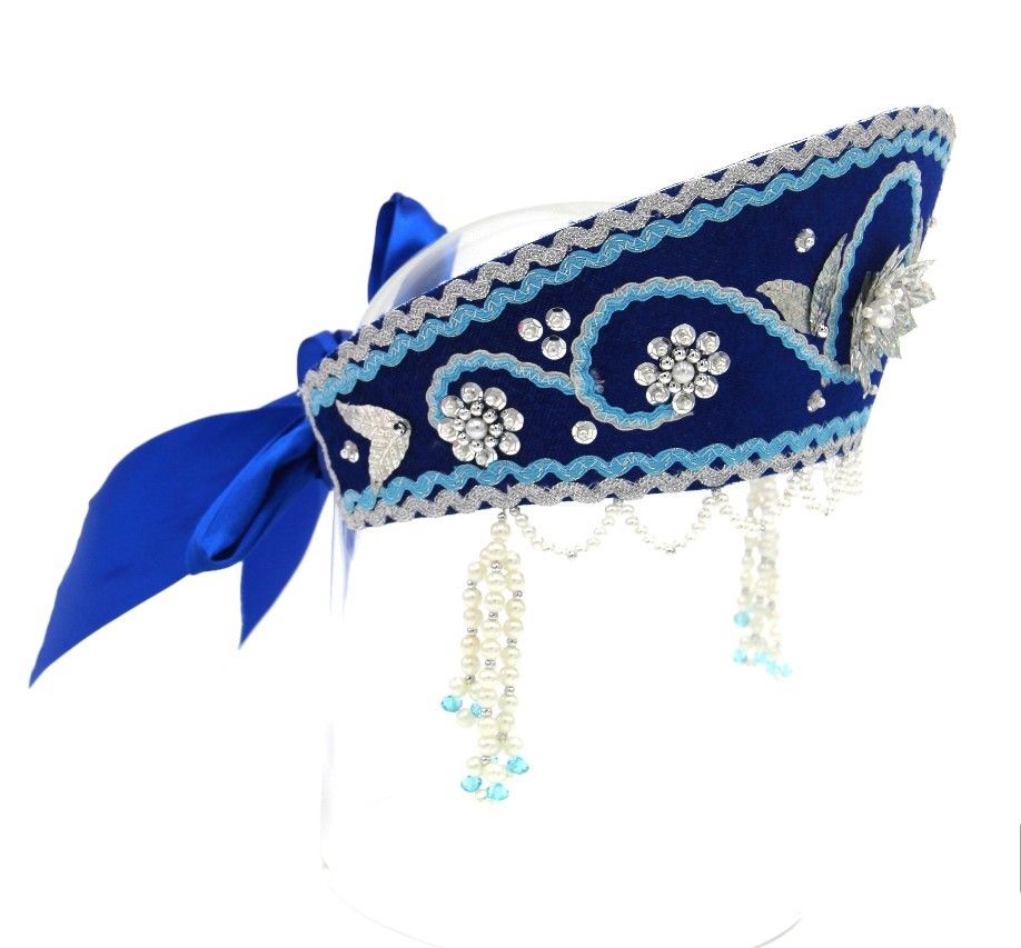 D' Daniela - Women's Traditional Headdress Kokoshnik - Blue With Yellow & Silver Beads