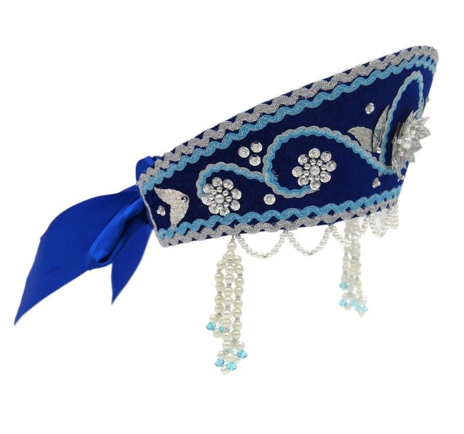 D' Daniela - Women's Traditional Headdress Kokoshnik - Blue With Yellow & Silver Beads