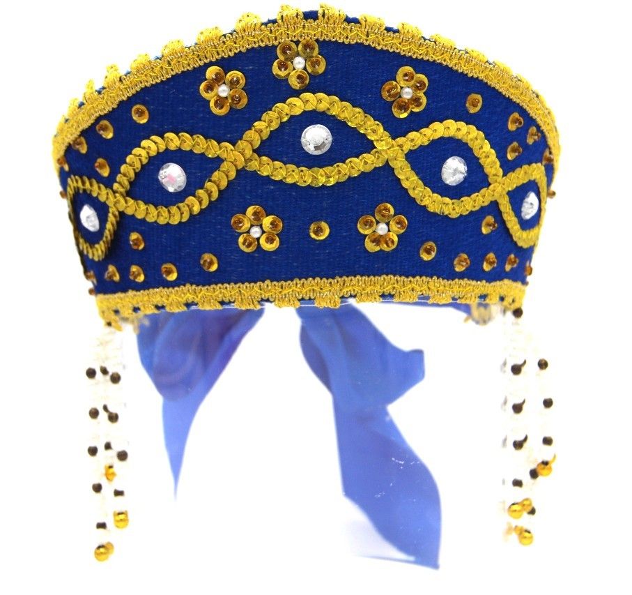 D' Daniela - Women's Traditional Headdress Kokoshnik - Blue With Gold Braid & Beads