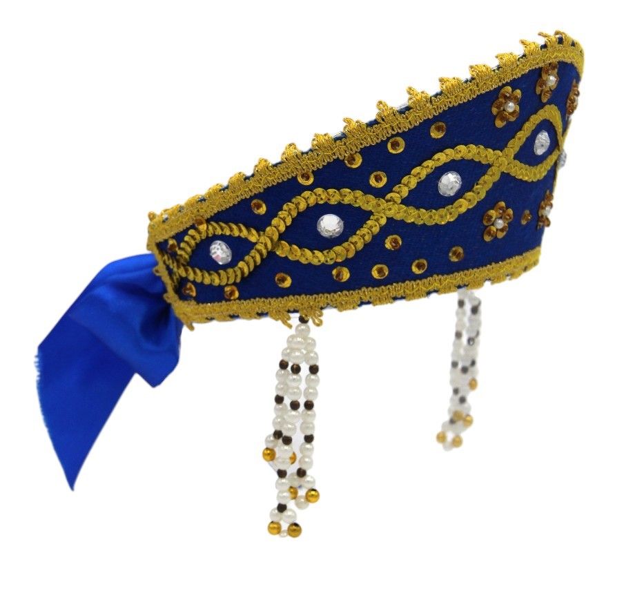 D' Daniela - Women's Traditional Headdress Kokoshnik - Blue With Gold Braid & Beads