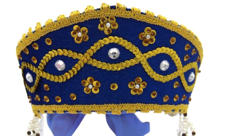 D' Daniela - Women's Traditional Headdress Kokoshnik - Blue With Gold Braid & Beads