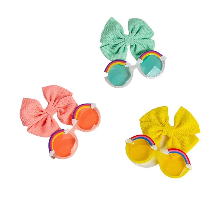 D' Daniela - Anaya Rainbow Glasses & Bow Barrette Ponytail Set - Bright Yellow