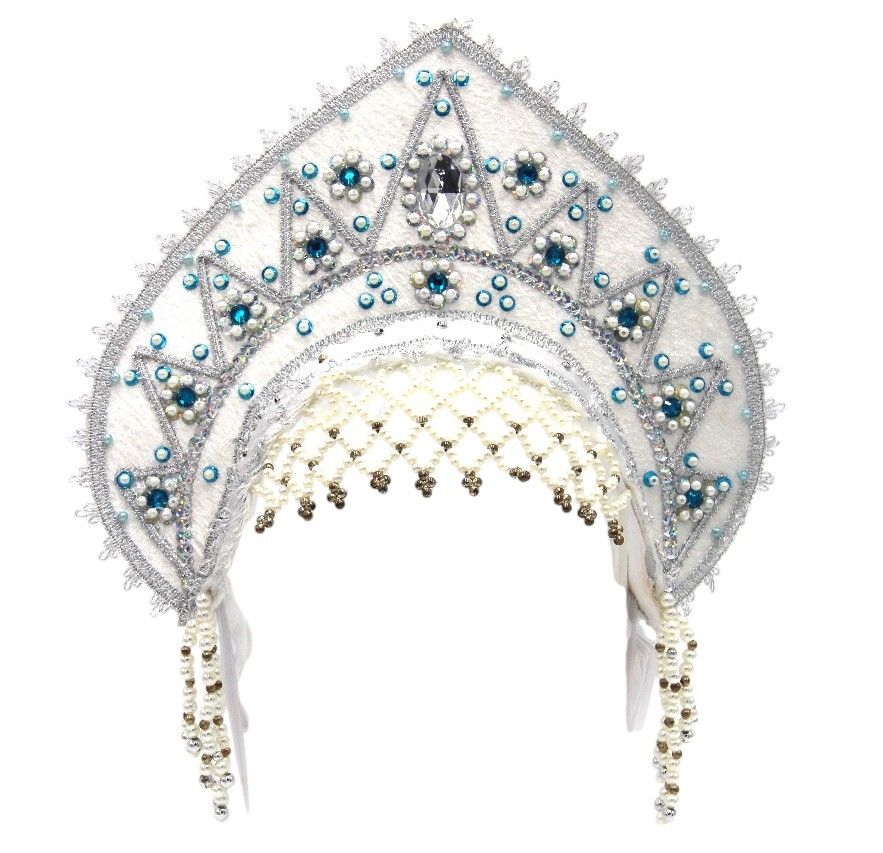 D' Daniela - Women's Traditional Headdress Kokoshnik - White With Blue & White Beads