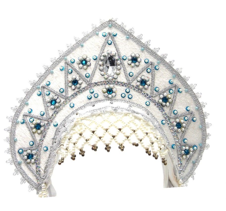 D' Daniela - Women's Traditional Headdress Kokoshnik - White With Blue & White Beads