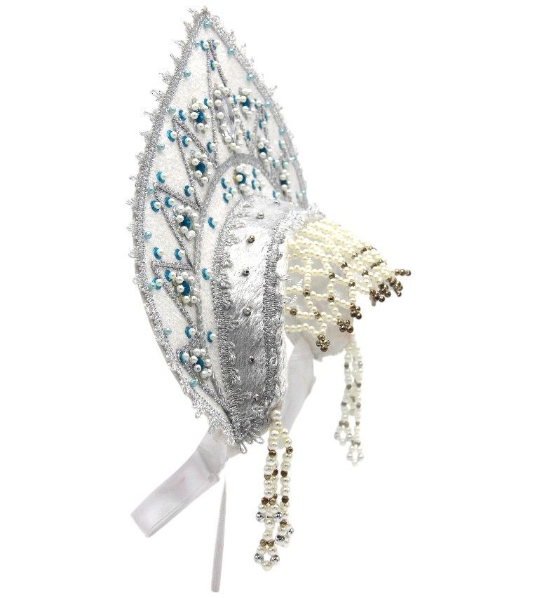 D' Daniela - Women's Traditional Headdress Kokoshnik - White With Blue & White Beads