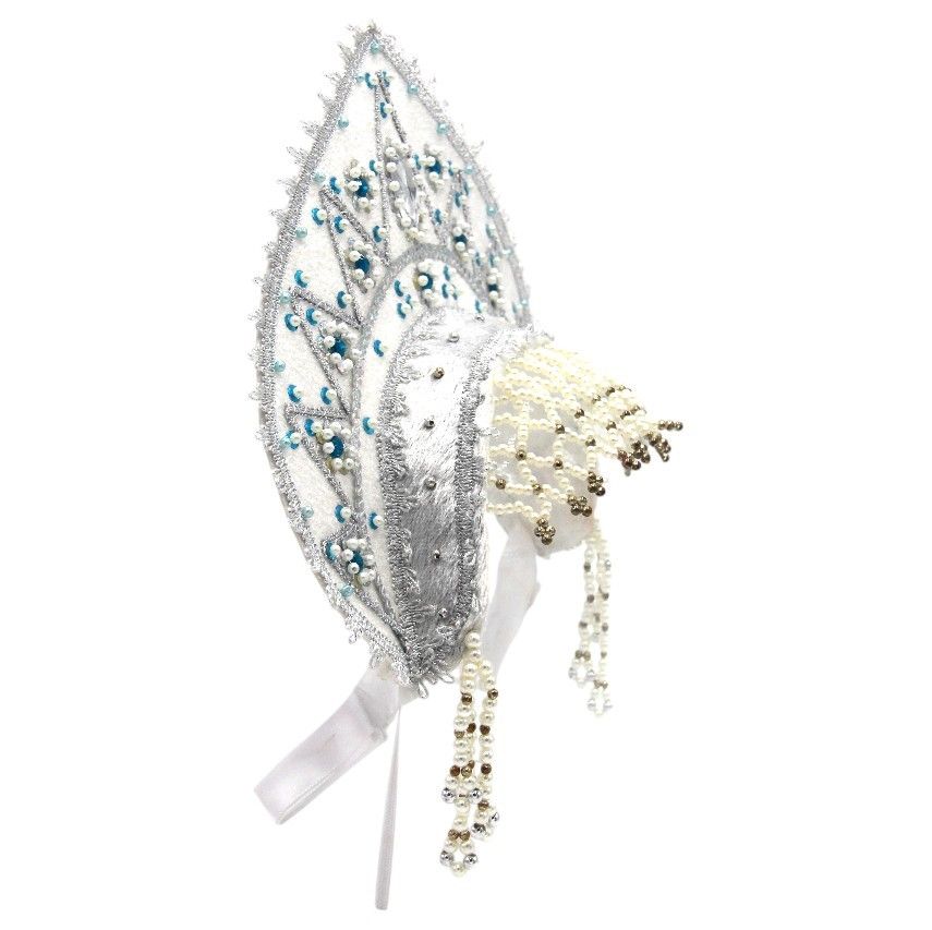 D' Daniela - Women's Traditional Headdress Kokoshnik - White With Blue & White Beads