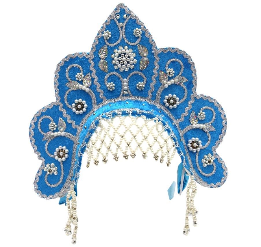 D' Daniela - Women's Traditional Headdress Kokoshnik - Blue Flower Crest Shaped With Silver Beads