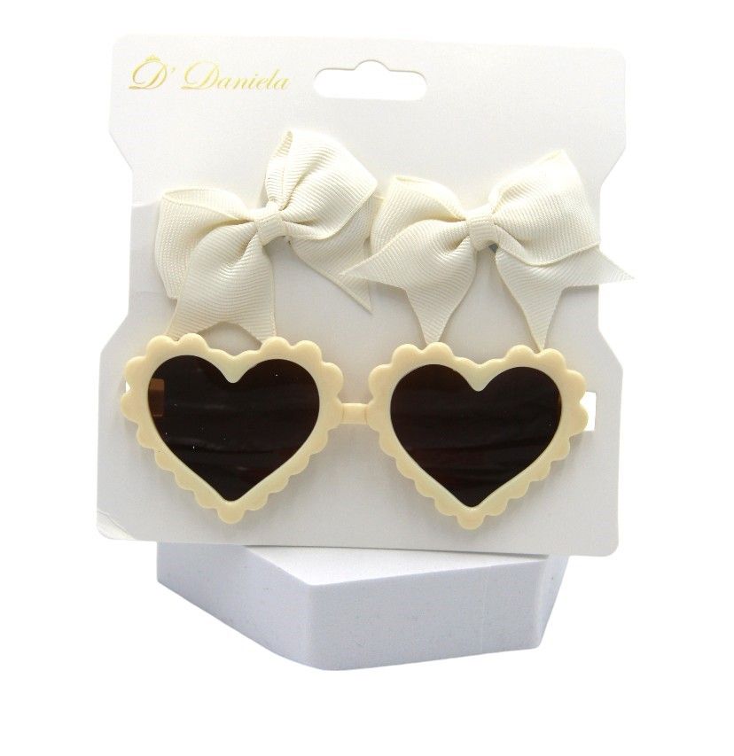 D' Daniela - Yasmin Heart Shaped Glasses & Bow Barrette Clip Set For Babies & Girls - Cream