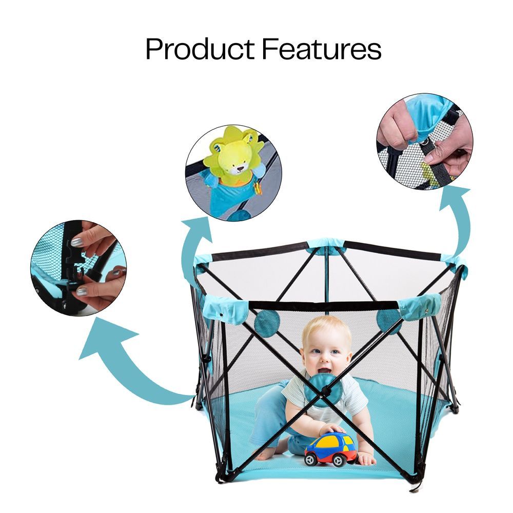 HOCC - Portable Mesh Baby Playpen With Carrying Bag - Blue