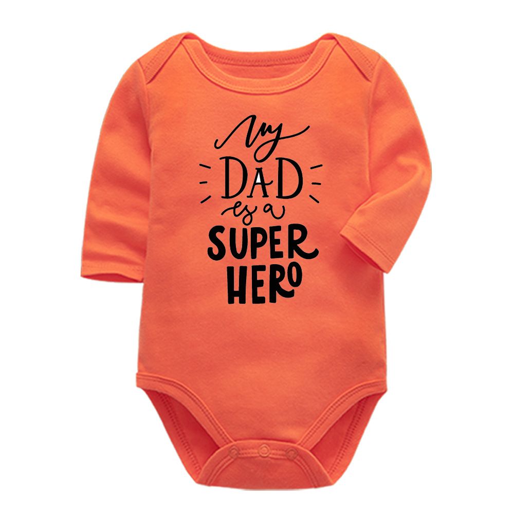 Matching Family Outfits - My Dad Is A Super Hero Printed Baby Romper - Orange